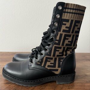 Fendi Black Leather & Brown FF Logo Knit Lace-Up Combat Boots